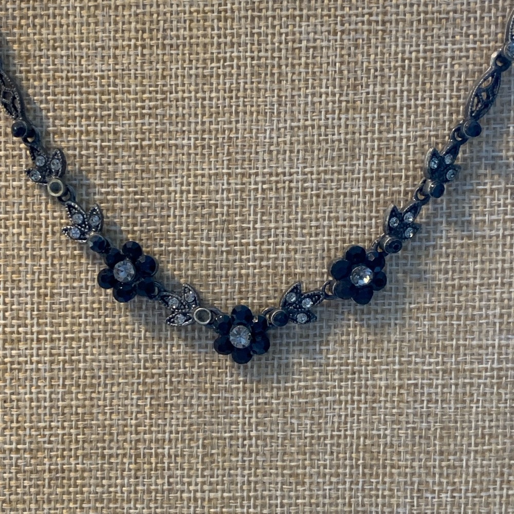 Vintage Black Floral Mourning Necklace, silver plated